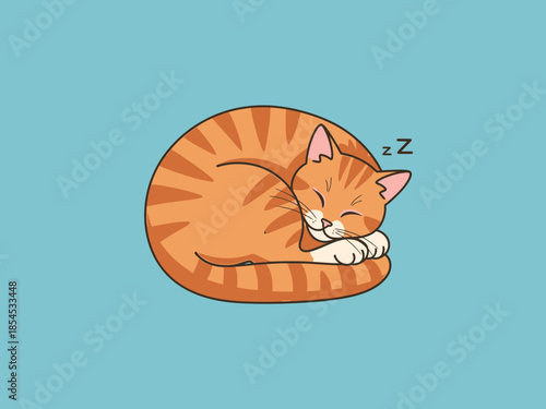 Adorable orange cat curled up sleeping peacefully on blue background