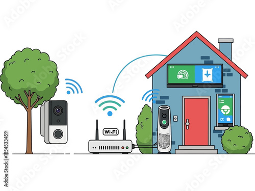 Smart home security system illustration showing devices connected to a house with a tree nearby