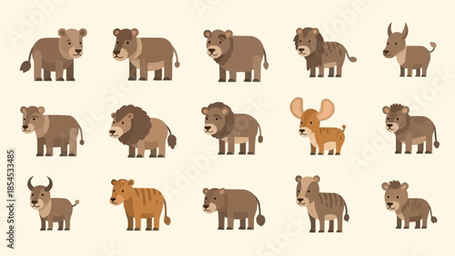 Collection of Various Cartoon Wild Animals.