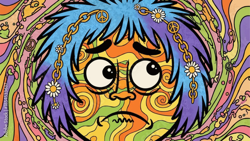 Psychedelic Cartoon Character with Surreal Hair.
