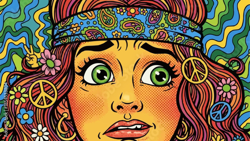 Woman with Peace Signs and Flowers.