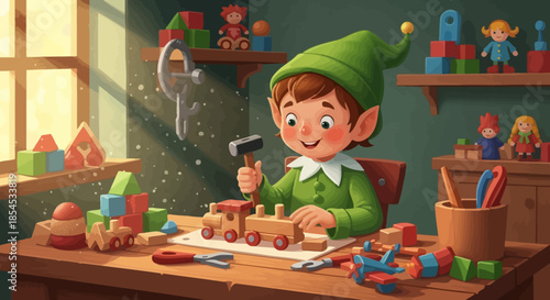 A cheerful cartoon elf in a green hat and suit diligently builds a wooden toy train with a hammer at a sunlit workbench filled with colorful blocks and toys.