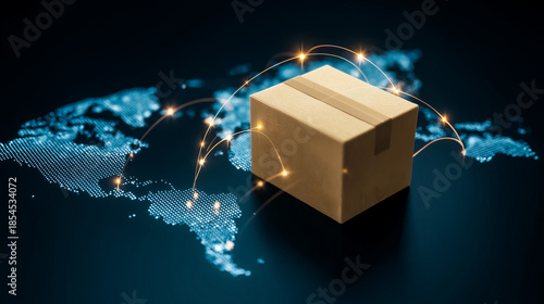 Futuristic visual of global shipping network and package on digital map