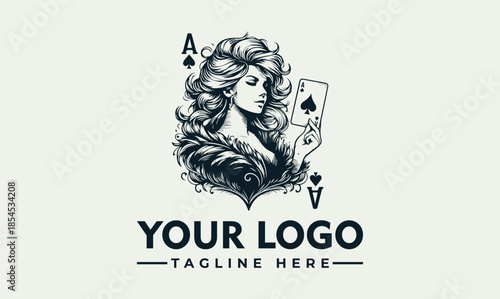 Vector logo design featuring a woman holding poker cards with a customizable tagline on a light background.
