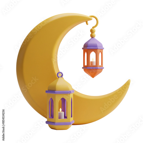 3D Golden Crescent Moon with Festive Lanterns for Islamic Holidays
