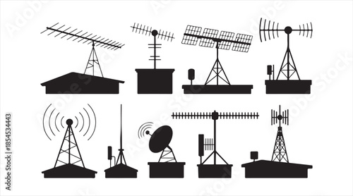 Radio and television broadcast antenna icons collection for communication technology