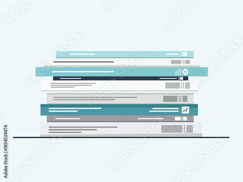 A stack of documents with various labels and tabs on a flat surface viewed from directly above
