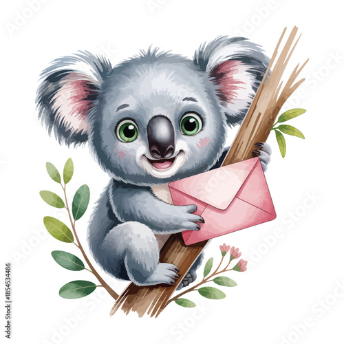 A cute cartoon illustration of a koala clinging to a eucalyptus branch with a pink envelope.