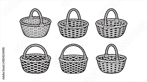 Wicker and rattan basket silhouette icon set isolated on white