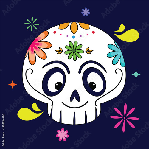 Cute Sugar Skull with Floral Decorations on Dark Blue Background