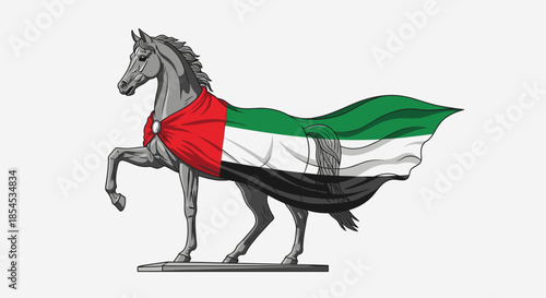 Grey horse statue draped with the flowing flag of the United Arab Emirates against a plain background.