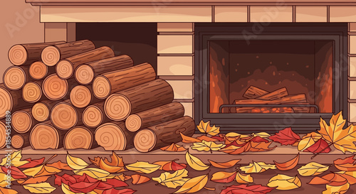 A cozy autumn scene featuring a burning fireplace, a large stack of firewood logs, and colorful fallen leaves scattered on the hearth, creating a warm and inviting atmosphere.