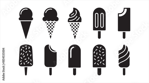 Frozen dessert and ice cream silhouette icon set isolated on white