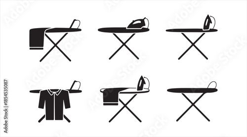 Ironing board and steam iron icons collection for laundry and household concepts