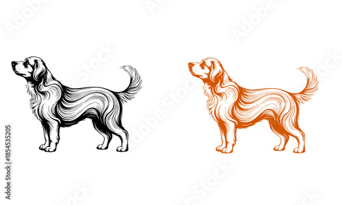 Golden Retriever dog silhouette in artistic flowing line art style, elegant animal illustration for pet lovers, standing dog vector icon isolated on white, black and orange retriever set, 2 variations