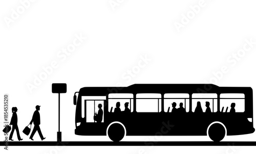 City bus at a bus stop with passengers silhouette, people commuting with bags and luggage, public transportation and urban transit concept, black vector illustration for city travel and mobility