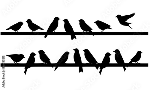 Silhouettes of birds sitting on a wire set, various bird species perched on power lines illustration, minimalist black nature icons for home decor and vinyl cutting, flock of birds resting on cable 