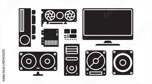 PC hardware components symbols set for computing and digital technology design