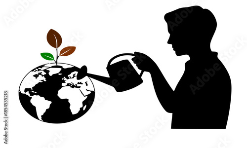 Man watering Earth globe with growing plant, environmental protection and global warming awareness concept, ecology and sustainability silhouette illustration, green planet conservation