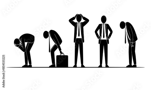 Stressed businessman silhouette set showing failure and burnout, depressed office worker in various poses of despair and grief, corporate business failure and mental health concept, black stick figure