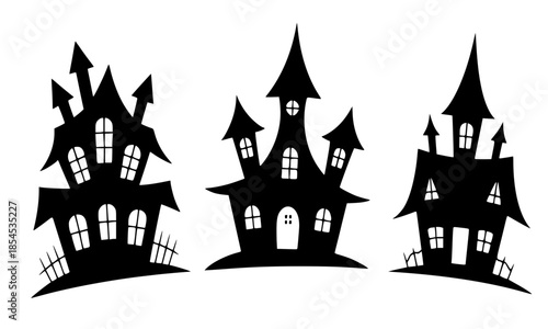 Haunted house silhouette set for Halloween decoration, spooky mansion with crooked roofs and fences, creepy gothic castle icons for October holiday party, black vector illustration isolated on white, 
