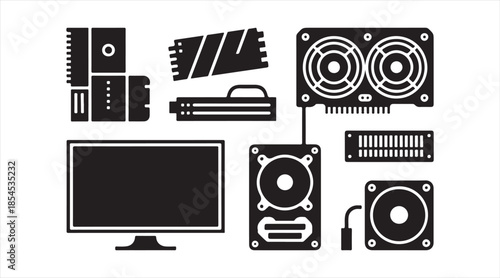 Computer hardware and PC component icons collection for technology and electronics concepts