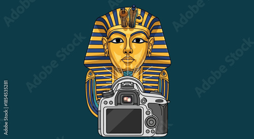 An illustration combining the ancient Egyptian golden mask of Pharaoh Tutankhamun with a modern digital SLR camera on a dark teal background.
