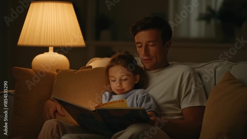 In a cozy living room, a father and his daughter enjoy a peaceful night reading a book together on the couch, bathed in warm lamplight. A moment filled with love and imagination