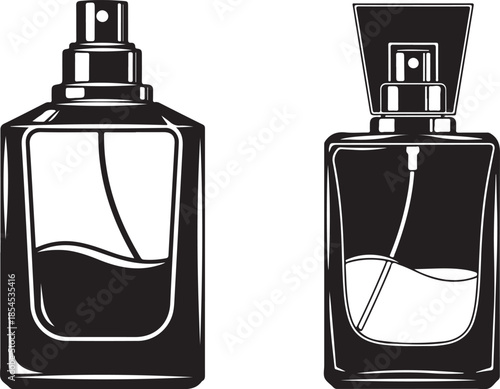Black and white illustration of two distinct spray bottles showcasing cosmetic packaging designs