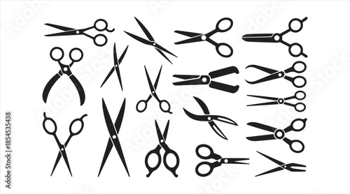 Cutting tool and scissors silhouette icon set isolated on white