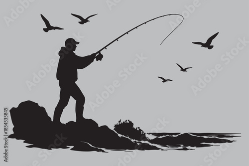 Fisherman Silhouette Casting Fishing Rod by Water  vector design art and illustration