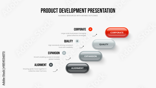 Consulting Development Four Element Infographic Slide Layout. Market Planning 4 Step Diagram Frame Design. Product Visualization Presentation Template Vector Illustration.
