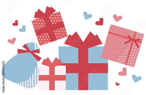 ブルーとピンクの包み紙のかわいいプレゼントの山のイラスト