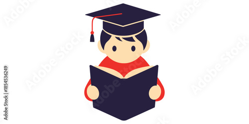 Minimal flat vector illustration of a child reading a book, education and learning concept