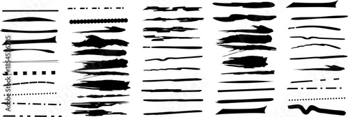 Large collection of black brush strokes, ink lines, and textured marks on a white background. Perfect for graphic design, typography, grunge effects, and creative artwork.