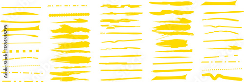 Large collection of yellow brush strokes, ink lines, and textured marks on a white background. Ideal for graphic design, typography, modern art, and creative overlays.