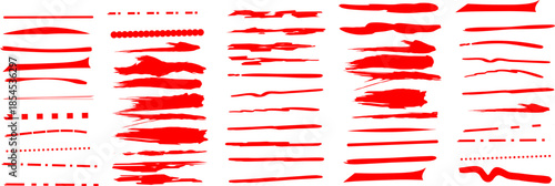 Large collection of red brush strokes, ink lines, and textured marks on a white background. Ideal for graphic design, typography, modern art, and creative overlays.