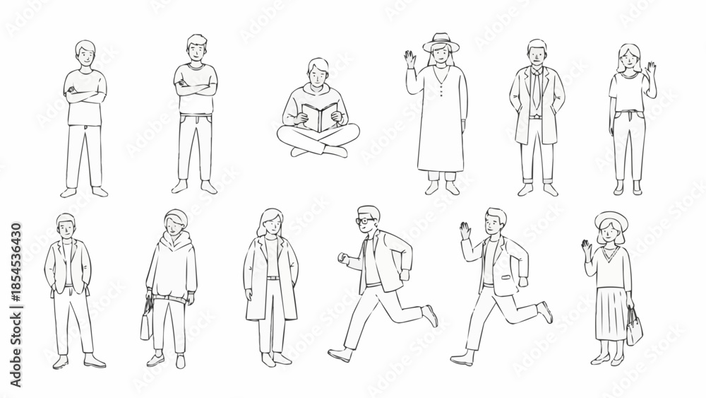 Fototapeta premium Collection of diverse people in various poses and activities sketched in a minimalist style.