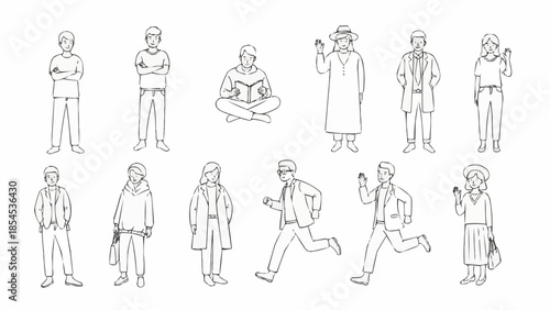 Collection of diverse people in various poses and activities sketched in a minimalist style.
