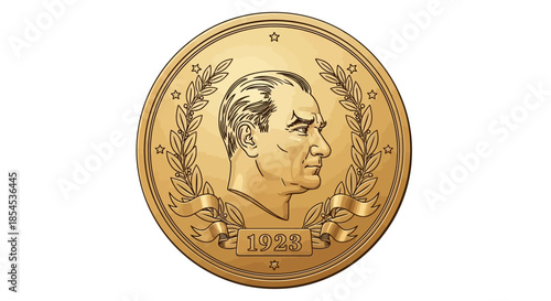 Golden commemorative medal featuring a profile bust of Mustafa Kemal Atatürk surrounded by a laurel wreath and the year 1923, on a white background.