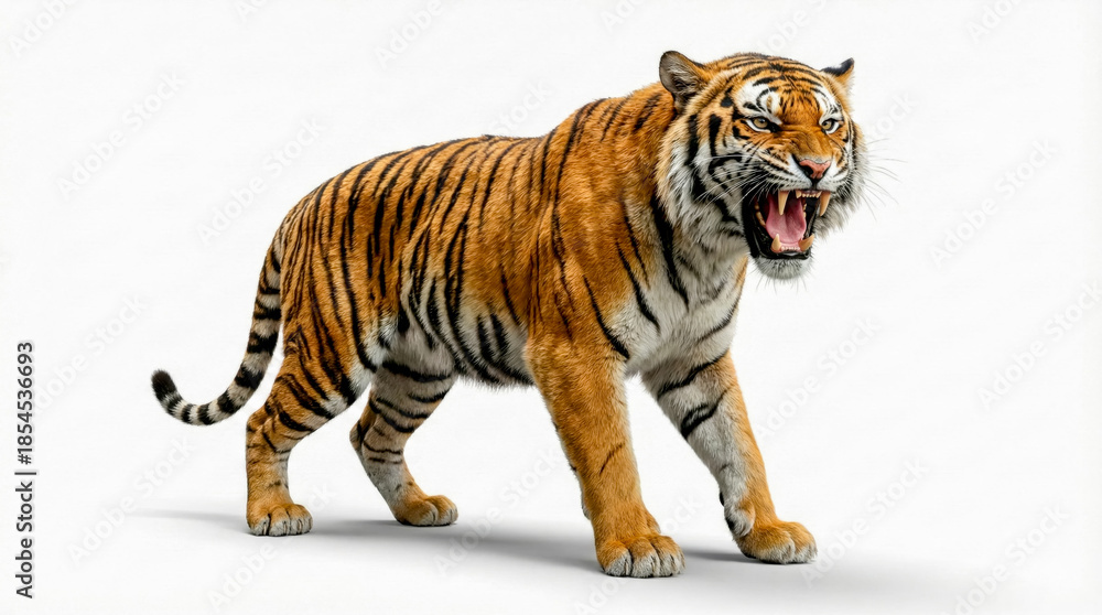 Obraz premium Fierce tiger with open mouth and bared teeth, walking on a white background
