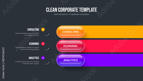 Professional Visualization Three Step Infographic Slide Design. Digital Plan Slideshow Layout Vector Illustration. Service Overview 3 Option Diagram Presentation Template.