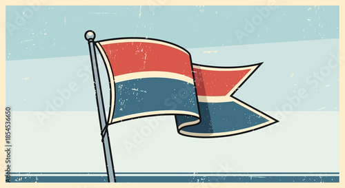 Vintage style pennant flag with red and blue stripes waving on a flagpole against a light blue sky with a distressed texture.