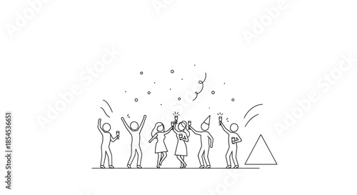 A simple line art drawing depicting a group of happy stick figures celebrating with confetti and drinks, enjoying a festive party.