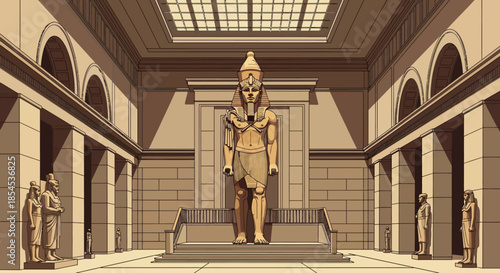 Grand hall of an ancient Egyptian museum with a colossal pharaoh statue and other artifacts under a skylight.