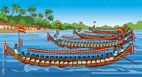 Traditional snake boat race with many rowers on a tropical river, featuring decorated longboats and a lush shoreline with palm trees and huts.