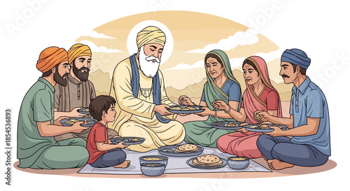 A diverse group of people, including an elder with a turban, sharing a traditional meal together on the ground, symbolizing community and togetherness.