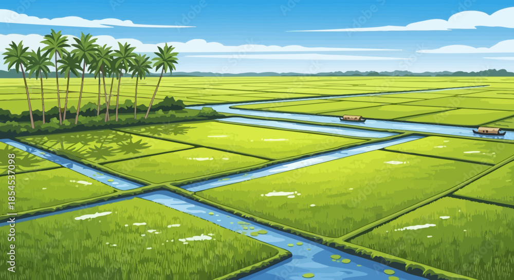 Obraz premium A vibrant illustration of lush green rice paddies with canals, palm trees, and boats under a clear blue sky.