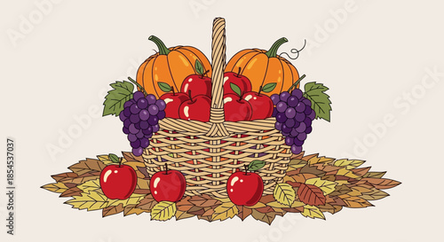 A rustic wicker basket overflowing with autumn harvest produce including pumpkins, red apples, and purple grapes, surrounded by colorful fall leaves.