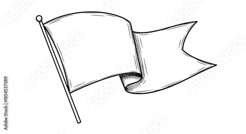 Hand-drawn sketch illustration of a blank white flag waving on a flagpole, simple line art style.